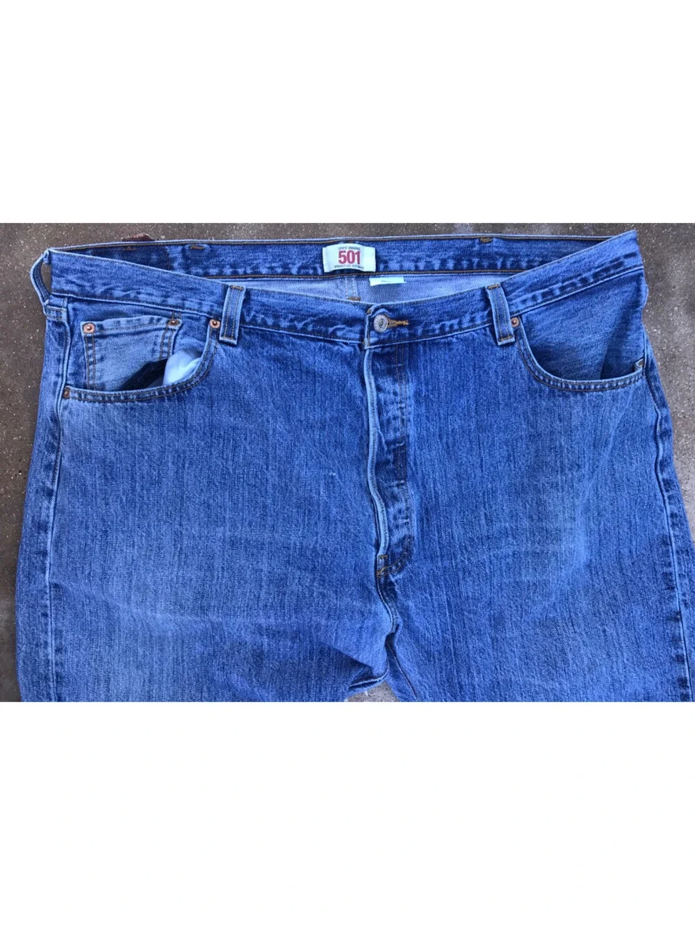 Levis 501 Jeans Men 44x30  Blue Denim Button Fly Straight Leg Classic Small Hole
